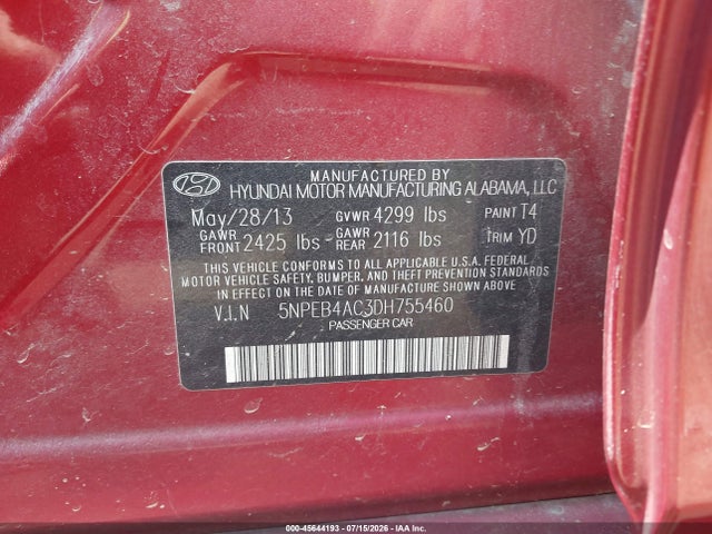Aukcja sprzedaży 2013 Hyundai Sonata Gls, vin: 5NPEB4AC3DH755460, numer aukcji: 45644193