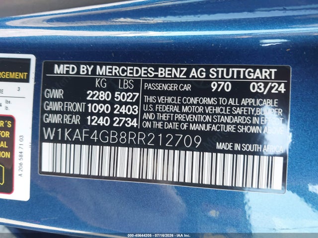 Aukcja sprzedaży 2024 Mercedes-benz C 300, vin: W1KAF4GB8RR212709, numer aukcji: 45644205
