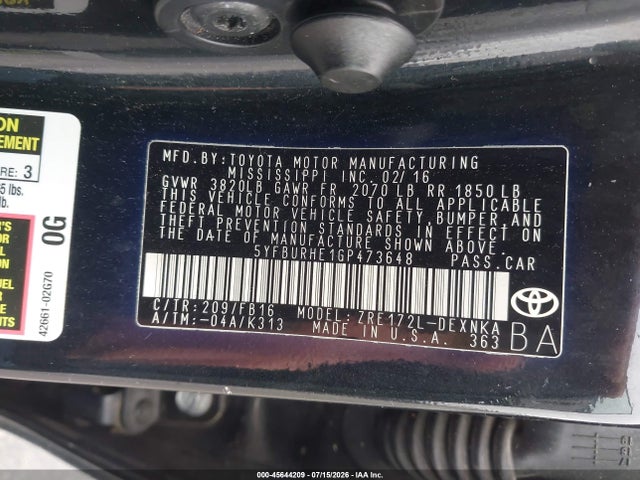 Toyota Corolla Le Plus 2016 5YFBURHE1GP473648 Image 9