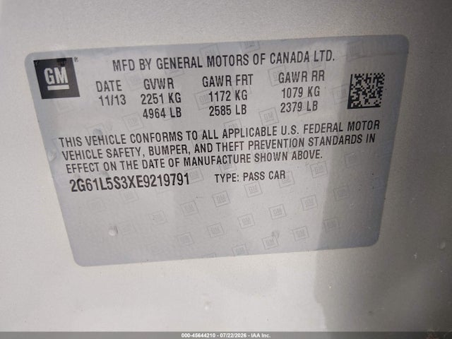 45644210 :رقم المزاد ، 2G61L5S3XE9219791 vin ، 2014 Cadillac Xts Standard مزاد بيع