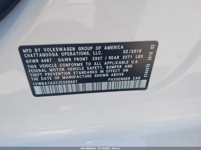 Aukcja sprzedaży 2018 Volkswagen Passat 2.0t Se, vin: 1VWBA7A37JC026597, numer aukcji: 45644235