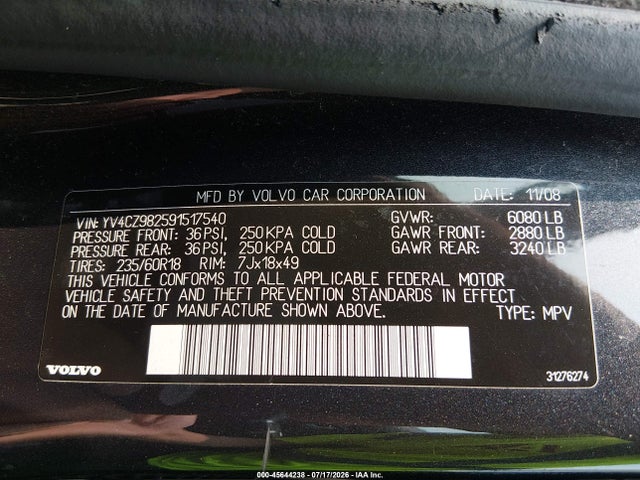Продажа на аукционе авто 2009 Volvo Xc90 3.2, vin: YV4CZ982591517540, номер лота: 45644238