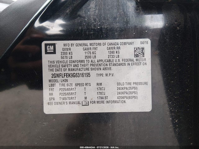 Продаж на аукціоні авто 2016 Chevrolet Equinox Lt, vin: 2GNFLFEK9G6316195, номер лоту: 45644244