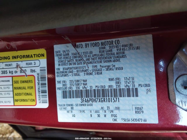 Ford FUSION SE 2016 3FA6P0H7XGR101571 Image 9