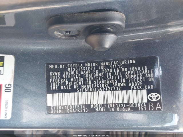 2016 Toyota Corolla Le მანქანა იყიდება აუქციონზე, vin: 5YFBURHE6GP427717, აუქციონის ნომერი: 45644253