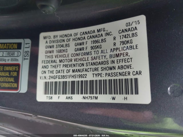 Продажа на аукционе авто 2015 Honda Civic Lx, vin: 2HGFG3B51FH519922, номер лота: 45644255
