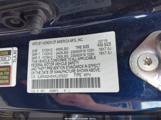 Продажа на аукционе авто 2019 Honda Cr-v Ex, vin: 5J6RW2H5XKL005221, номер лота: 45644261