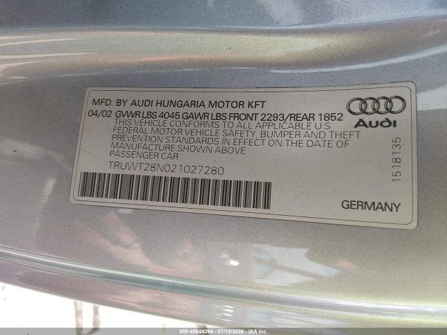 Aukcja sprzedaży 2002 Audi Tt Alms Commemorative Edition, vin: TRUWT28N021027280, numer aukcji: 45644264