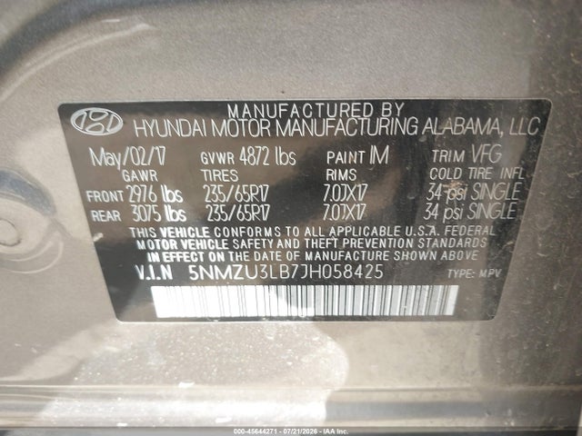 2018 Hyundai Santa Fe Sport 2.4l მანქანა იყიდება აუქციონზე, vin: 5NMZU3LB7JH058425, აუქციონის ნომერი: 45644271