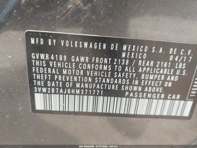Продаж на аукціоні авто 2017 Volkswagen Jetta 1.4t S, vin: 3VW2B7AJ6HM371771, номер лоту: 45644299