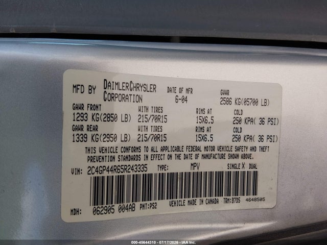 Продажа на аукционе авто 2005 Chrysler Town & Country Lx, vin: 2C4GP44R65R243335, номер лота: 45644310