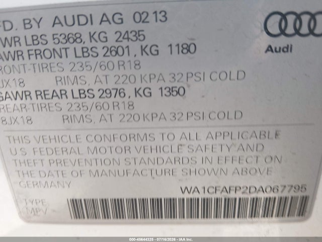 2013 Audi Q5 2.0t Premium მანქანა იყიდება აუქციონზე, vin: WA1CFAFP2DA067795, აუქციონის ნომერი: 45644325
