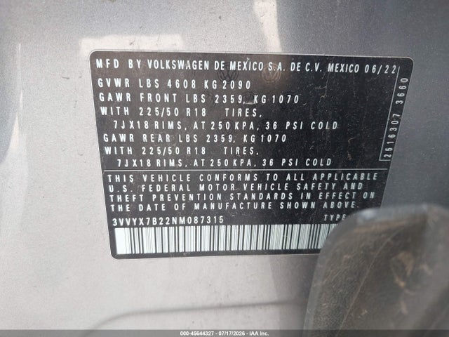 2022 Volkswagen Taos 1.5t Se მანქანა იყიდება აუქციონზე, vin: 3VVYX7B22NM087315, აუქციონის ნომერი: 45644327