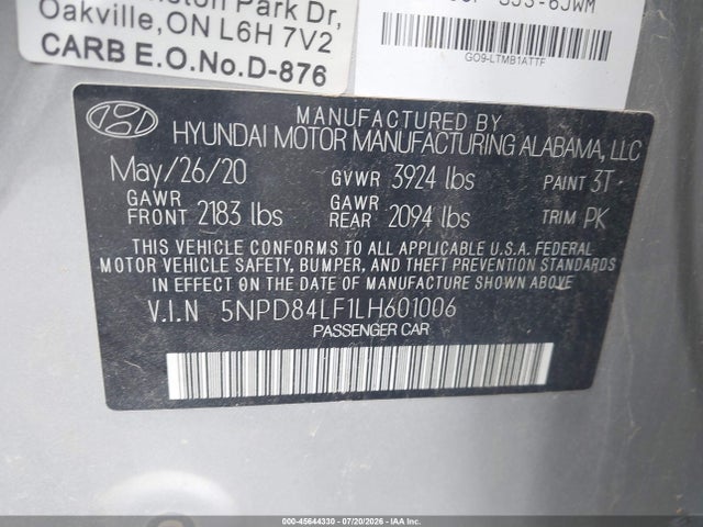 5NPD84LF1LH601006 Hyundai ELANTRA SEL
