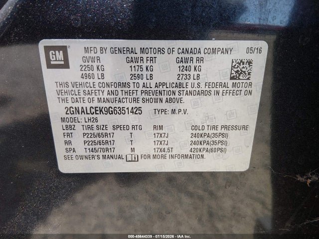 2GNALCEK9G6351425 Chevrolet EQUINOX LT