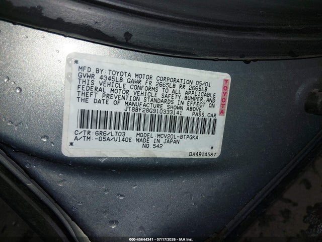 45644341 :رقم المزاد ، JT8BF28G910333141 vin ، 2001 Lexus Es 300 مزاد بيع