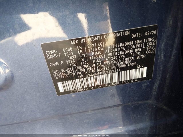 2020 Subaru Ascent Premium მანქანა იყიდება აუქციონზე, vin: 4S4WMAFD5L3459411, აუქციონის ნომერი: 45644346
