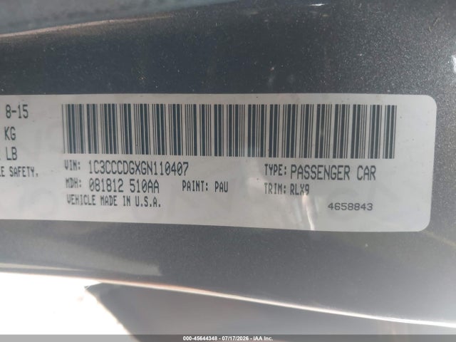 Aukcja sprzedaży 2016 Chrysler 200 S, vin: 1C3CCCDGXGN110407, numer aukcji: 45644348