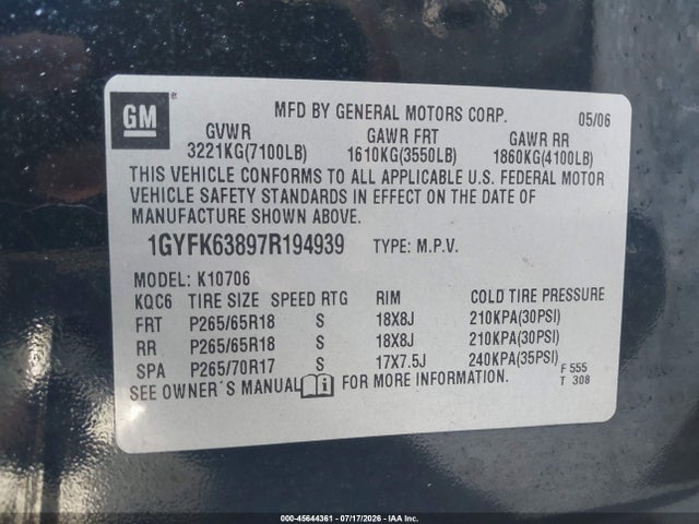 2007 Cadillac Escalade მანქანა იყიდება აუქციონზე, vin: 1GYFK63897R194939, აუქციონის ნომერი: 45644361
