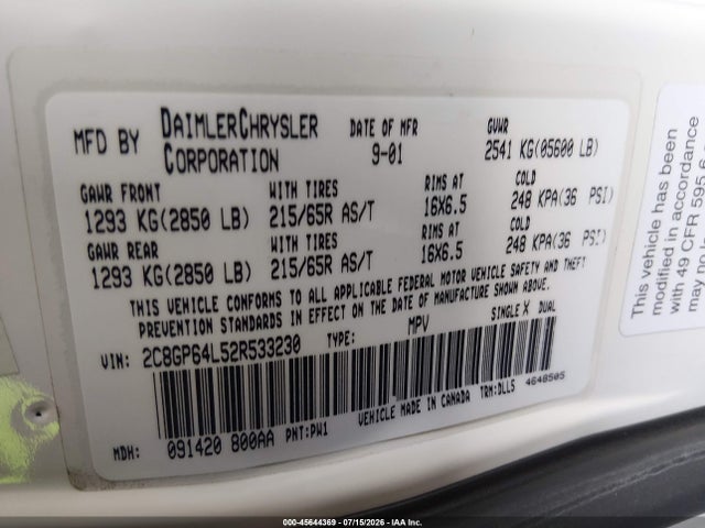 45644369 :رقم المزاد ، 2C8GP64L52R533230 vin ، 2002 Chrysler Town & Country Limited مزاد بيع