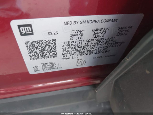 KL77LFEP8SC257694 Chevrolet Trax Fwd Ls