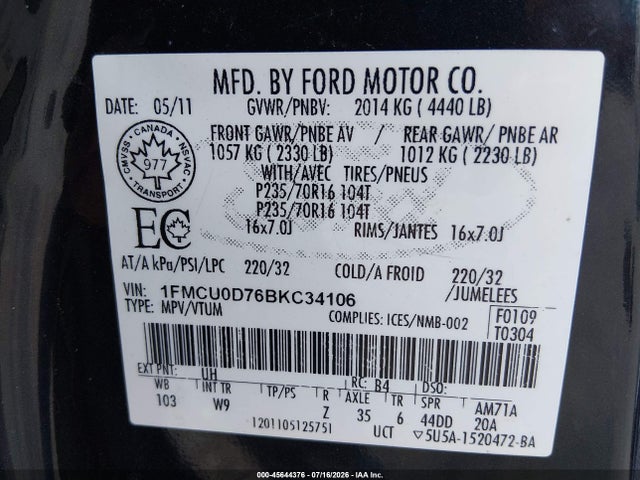 Продажа на аукционе авто 2011 Ford Escape Xlt Automatic, vin: 1FMCU0D76BKC34106, номер лота: 45644376
