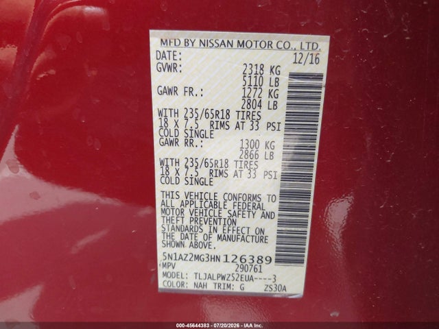 Nissan MURANO S 2017 5N1AZ2MG3HN126389 Image 9