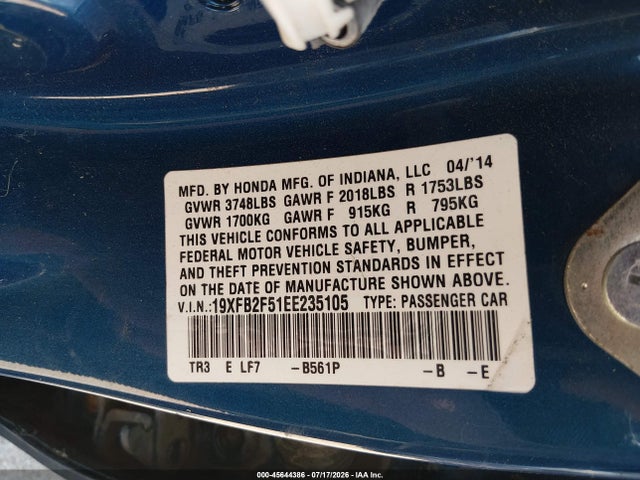Aukcja sprzedaży 2014 Honda Civic Lx, vin: 19XFB2F51EE235105, numer aukcji: 45644386