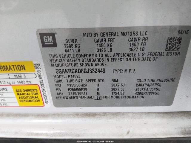 Aukcja sprzedaży 2016 Buick Enclave Premium, vin: 5GAKRCKD8GJ332449, numer aukcji: 45644390