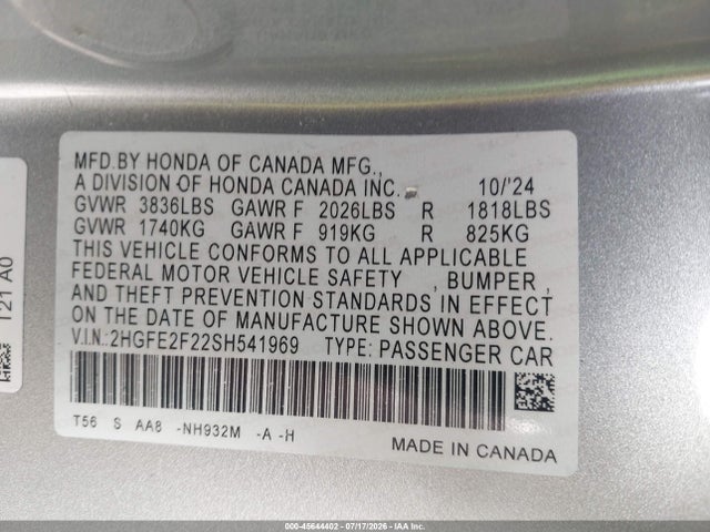 45644402 :رقم المزاد ، 2HGFE2F22SH541969 vin ، 2025 Honda Civic Lx مزاد بيع