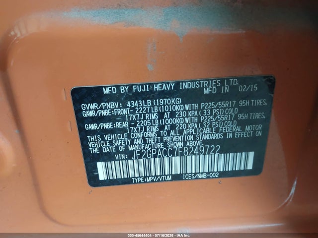 JF2GPACC7F8249722 Subaru Xv Crosstrek 2.0i Premium