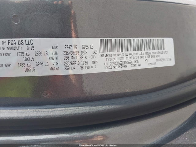 Aukcja sprzedaży 2020 Chrysler Pacifica Limited, vin: 2C4RC1GG2LR109304, numer aukcji: 45644408