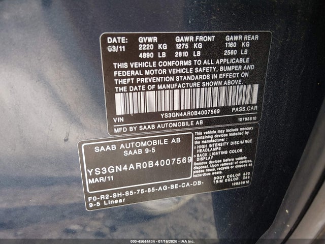 45644434 :رقم المزاد ، YS3GN4AR0B4007569 vin ، 2011 Saab 9-5 Turbo4/turbo4 Premium مزاد بيع