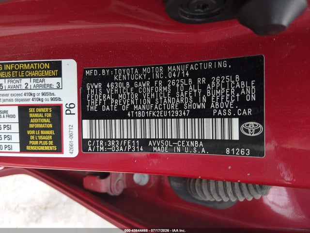 4T1BD1FK2EU129347 Toyota Camry Hybrid Le