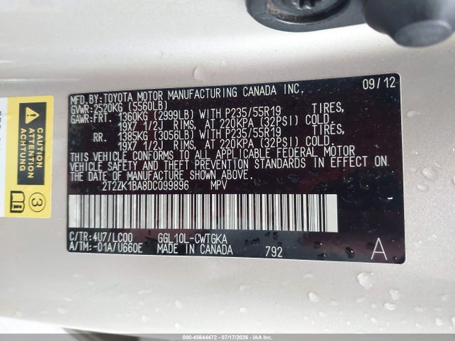 45644472 :رقم المزاد ، 2T2ZK1BA8DC099896 vin ، 2013 Lexus Rx 350 مزاد بيع
