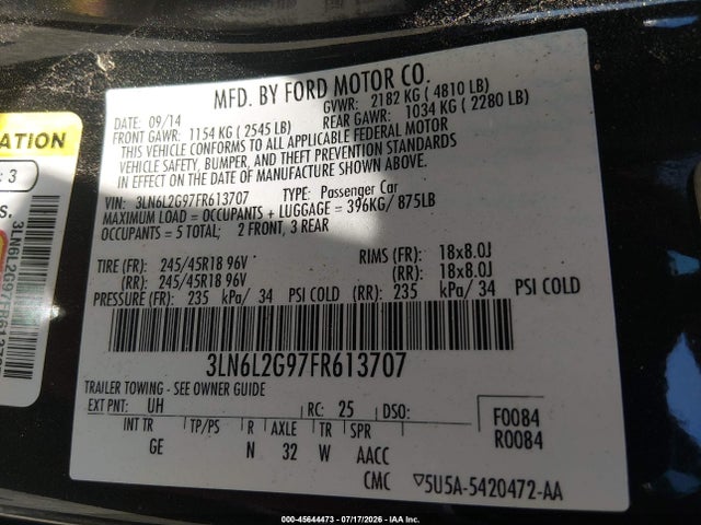 2015 Lincoln Mkz მანქანა იყიდება აუქციონზე, vin: 3LN6L2G97FR613707, აუქციონის ნომერი: 45644473