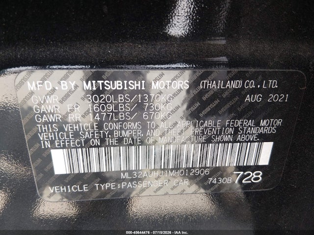 2021 Mitsubishi Mirage Carbonite Edition/es/le მანქანა იყიდება აუქციონზე, vin: ML32AUHJ1MH012906, აუქციონის ნომერი: 45644476