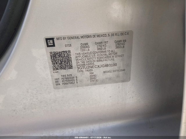 Продажа на аукционе авто 2018 Gmc Sierra 1500 Slt, vin: 3GTU2NECXJG493100, номер лота: 45644481