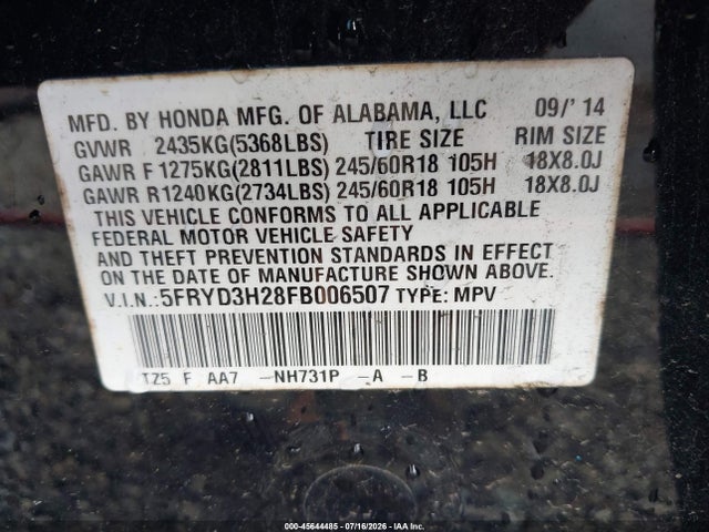 Продаж на аукціоні авто 2015 Acura Mdx, vin: 5FRYD3H28FB006507, номер лоту: 45644485