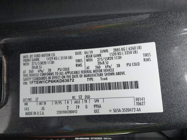 Продаж на аукціоні авто 2019 Ford F-150 Xl, vin: 1FTEW1CP6KKD63672, номер лоту: 45644496