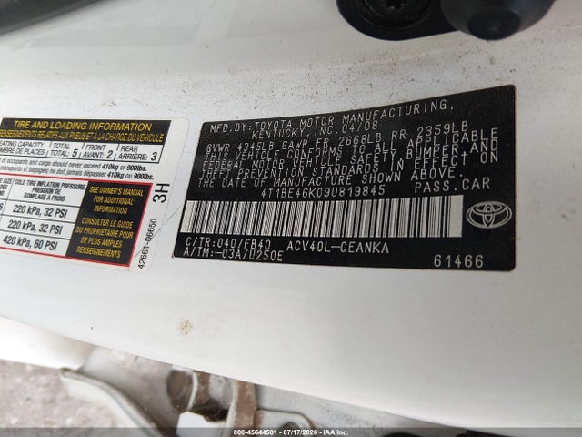 2009 Toyota Camry Le მანქანა იყიდება აუქციონზე, vin: 4T1BE46K09U819845, აუქციონის ნომერი: 45644501