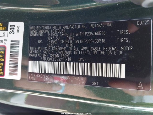 45644507 :رقم المزاد ، 5TDJSKFC5SS215319 vin ، 2025 Toyota Sienna Xle مزاد بيع