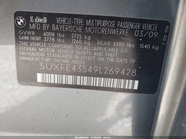 Продаж на аукціоні авто 2009 Bmw X5 Xdrive30i, vin: 5UXFE43549L269428, номер лоту: 45644508