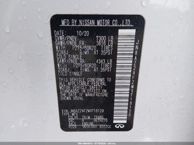 Aukcja sprzedaży 2021 Infiniti Qx80 Luxe, vin: JN8AZ2AF2M9718129, numer aukcji: 45644515