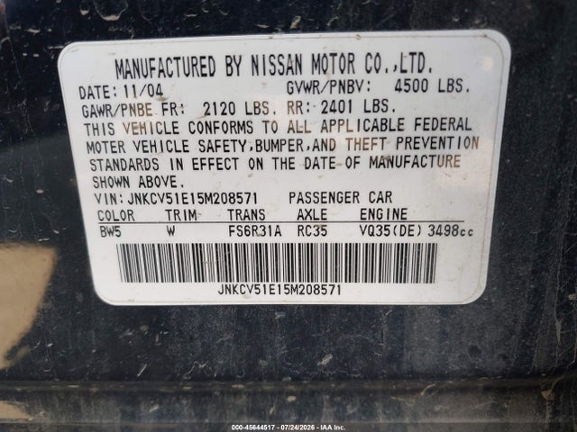 2005 Infiniti G35 მანქანა იყიდება აუქციონზე, vin: JNKCV51E15M208571, აუქციონის ნომერი: 45644517