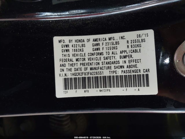 1HGCR2F83FA226551 Honda Accord Ex-l