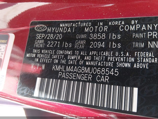 2021 Hyundai Elantra Sel მანქანა იყიდება აუქციონზე, vin: KMHLM4AG8MU068545, აუქციონის ნომერი: 45644524