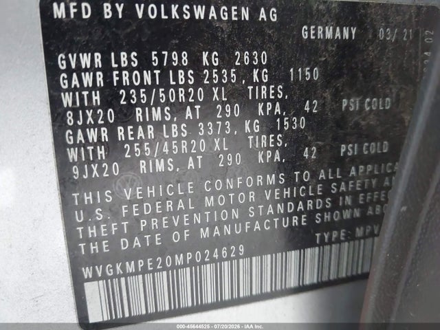 Продажа на аукционе авто 2021 Volkswagen Id.4 Pro S, vin: WVGKMPE20MP024629, номер лота: 45644525