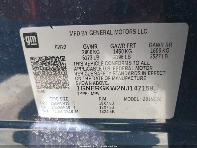 1GNERGKW2NJ147158 Chevrolet Traverse Fwd Lt Cloth