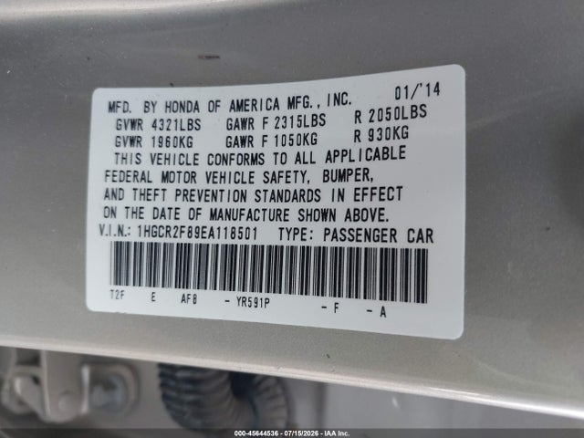 Aukcja sprzedaży 2014 Honda Accord Ex-l, vin: 1HGCR2F89EA118501, numer aukcji: 45644536